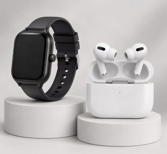 A black smartwatch with a black band stands on a white cylindrical pedestal, next to a pair of white wireless earbuds in an open white charging case on another pedestal, against a light gray studio background.