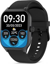 Black smartwatch with a rectangular display showing a blue and white digital watch face, set against a plain white background.