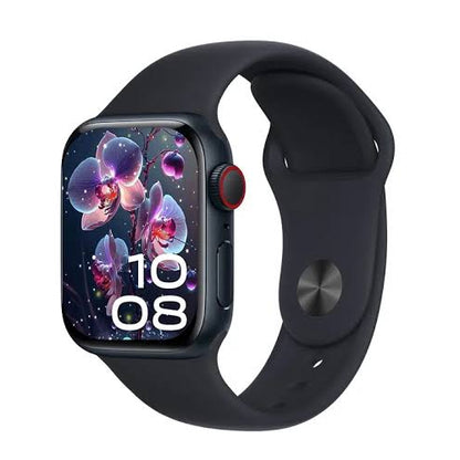 A smartwatch with a dark navy blue or black sport band, a dark metallic case, a red side button ring, and a digital display showing a floral wallpaper with the time 10:08.