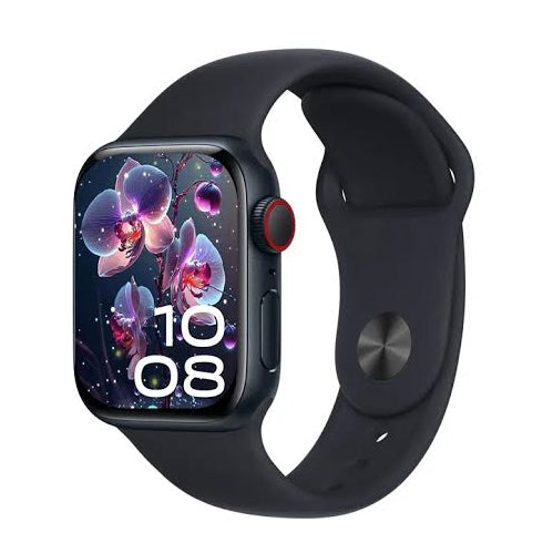A smartwatch with a dark navy blue or black sport band, a dark metallic case, a red side button ring, and a digital display showing a floral wallpaper with the time 10:08.
